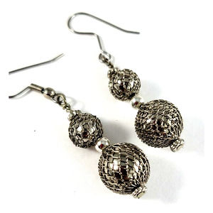 Mesh Covered Silver Bead Earrings 1.5" drop